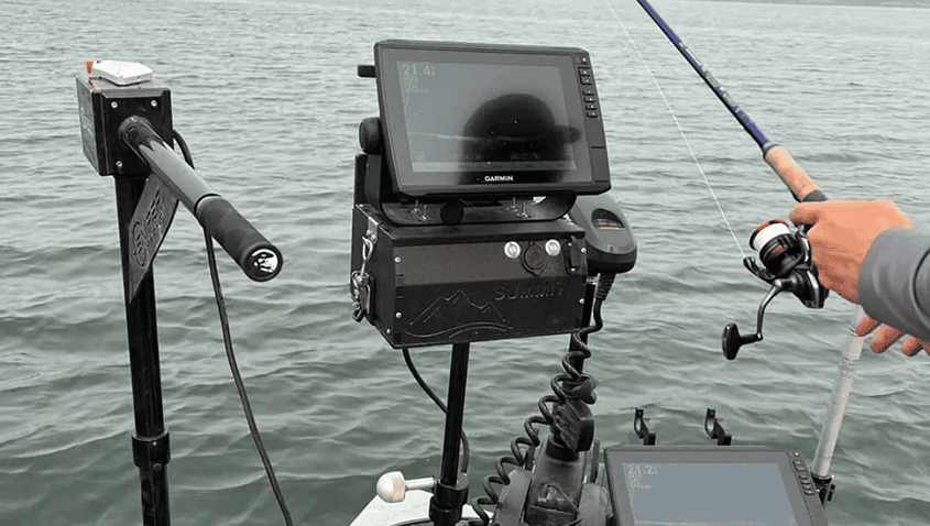 Boat electronics and fishing rod in action