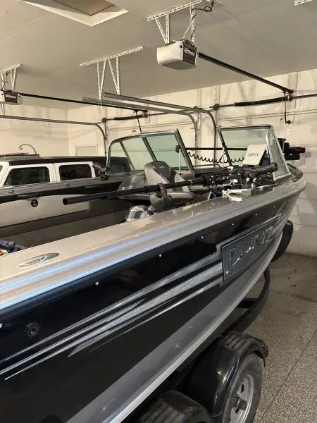 Garage with stored fishing boat