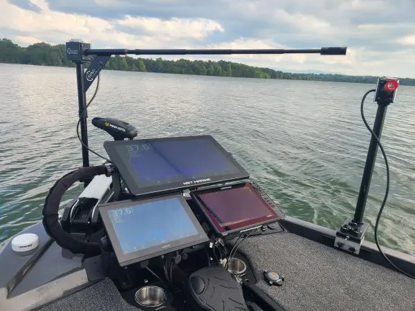 Lake view from a boat's dashboard