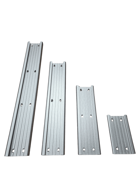 Four aluminum brackets in a row