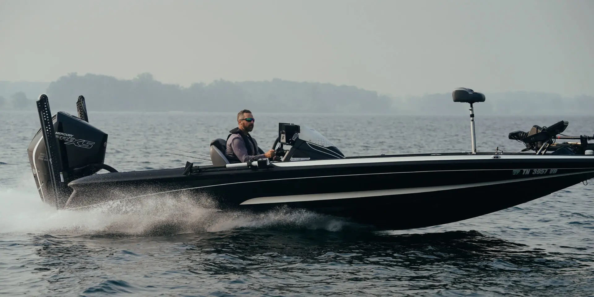 Bass boat on lake